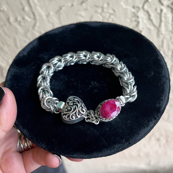 Handmade maille link bracelet . Indian ruby gem clasp heart love boho silver - Picture 10 of 14